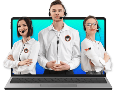 Three TaskManager-Nexus tech support reps in headsets and white shirts, confidently posed against a sleek black background.