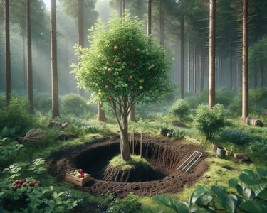 a fruit tree being planted in some woods