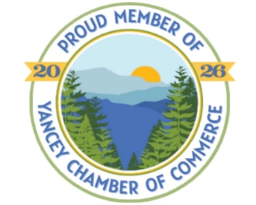 Yancey Chamber of Commerce 2026 Proud Member badge with Blue Ridge Mountain sunrise illustration