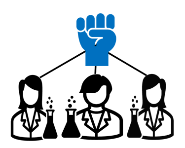 3 scientists attached to controlling hand via strings