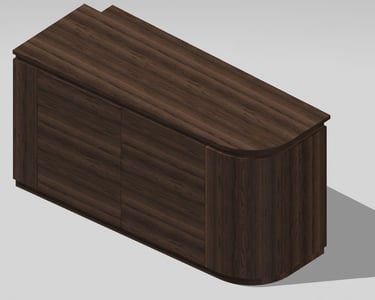 Modern dark walnut wood office credenza featuring a curved end and sliding storage doors.
