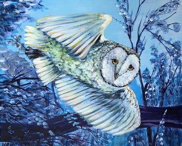 a painting of a owl in flight