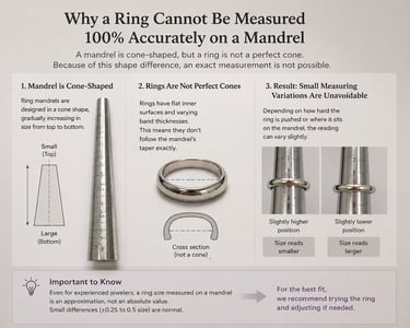 Diagram explaining ring sizing variations on a metal mandrel tool with a gold band illustration.