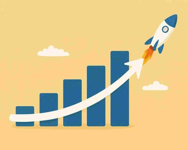 statestik som pekar uppÄt med en vit pil till en raket