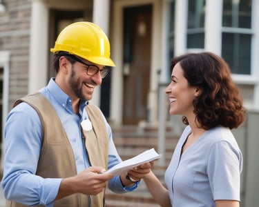 A construction worker reviewing blueprints at a renovation site.