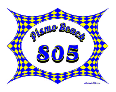 Pismo Beach 805 logo inside a blue and yellow checkered diamond border.
