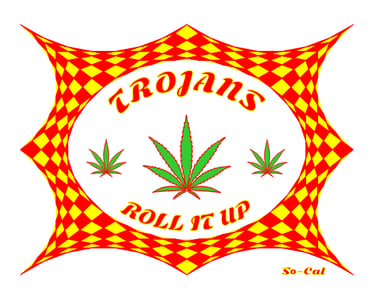 Trojans Roll It Up marijuana logo with green cannabis leaves and a red and yellow checkered border.