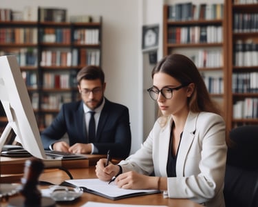 A calm consultation between lawyer and client in a minimalist office.