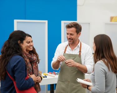 A man in a green apron talking to a group of women in an outdoor setting, likely a workshop or community event.