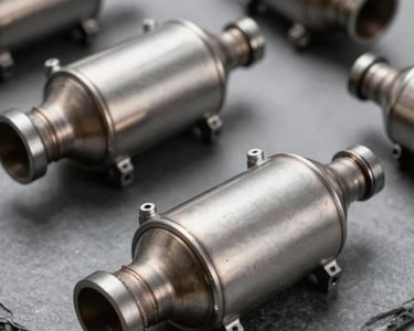 A professional, clean studio photograph of several automotive catalytic converters arranged on a slate grey industrial surface. Sharp, efficient lighting reflects off the metallic casing, emphasizing industrial strength.
