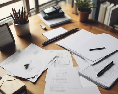 A black and white photo of a desk with two monitors