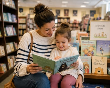 Family attending free story time at a bookstore during summer.