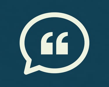 White speech bubble icon with quotation marks on a dark blue background representing quotes and testimonials.