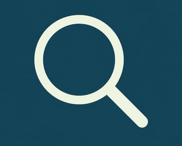 Minimalist white magnifying glass search icon on a dark teal background.