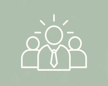White line icon of a business leadership team with a glowing mentor figure on a sage green background.