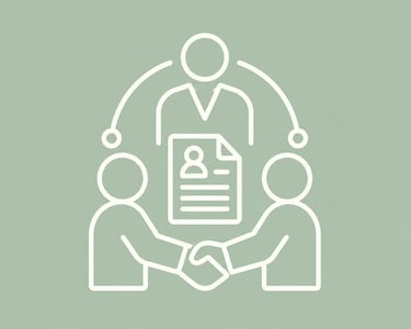White line art icon showing a hiring manager and candidate shaking hands over a job resume profile.