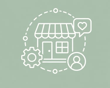 White line icon showing small business shop management with customer profile and gear icons.