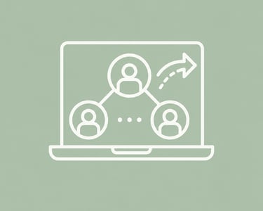 Laptop screen icon displaying a connected network of people icons with an arrow for digital communication.