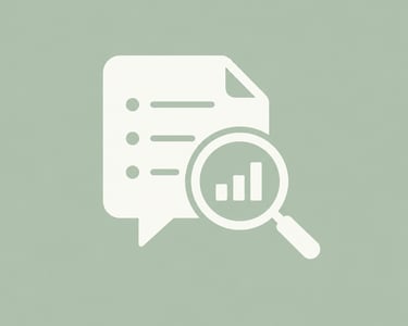 White data analysis icon with magnifying glass, bar chart, and document on green background.