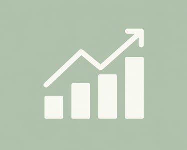 A white bar chart icon with an upward trending arrow on a sage green background representing business growth.