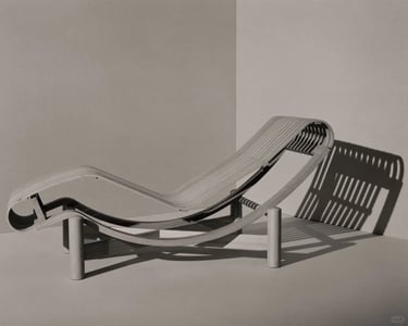 Curved modern chaise longue with slatted surface and sculptural frame in a minimalist black and whit