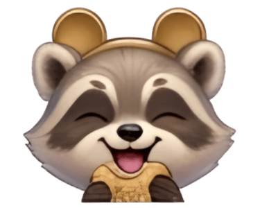 A cute cartoon raccoon emoji with a happy smile wearing gold bear ear headphones on a black background.