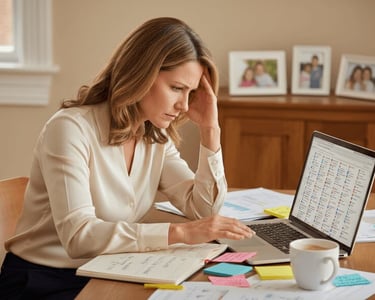 Woman drowning in tasks, unable to think clearly or make decisions
