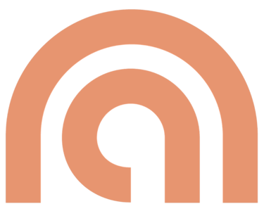 Logo minimaliste affichant les lettres n et a en arc-en-ciel avec des courbes géométriques.