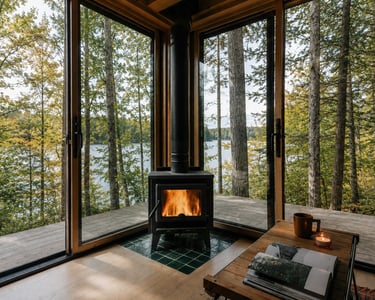 Modern glass cottage interior overlooking a lake.