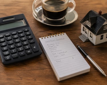 Calculator, notebook and model home on a table.
