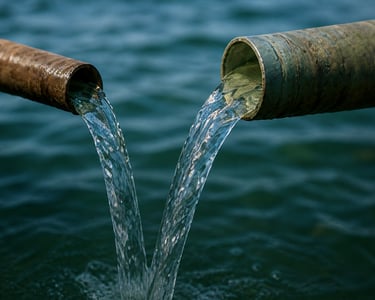 Water pipes flowing into a lake.