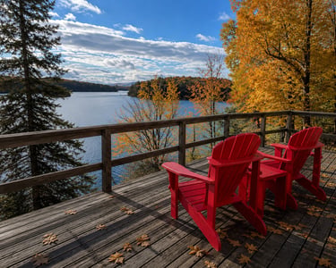 Muskoka chairs on a lakeside patio at evening.