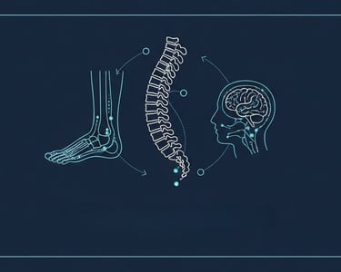 Illustration av den biomekaniska kedjan för primärvårdsrehabilitering hos Kroppia – samverkan mellan fot, rygg och nacke.