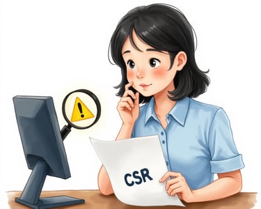 elinde üzerinde CSR yazılı bir kağıt olan bilgisayara bakan bir kadın