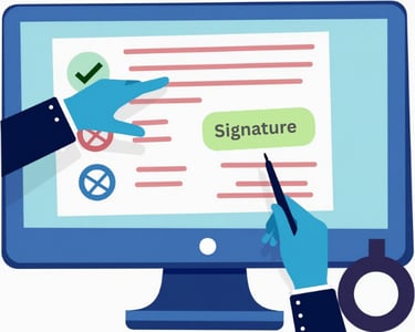 a person's hand holding a pen and pointing at a computer screen