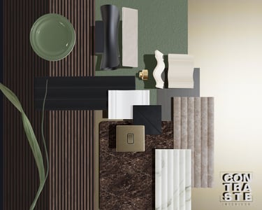 Moodboard chaleureux avec une touche de couleur verte, par Mattoboard