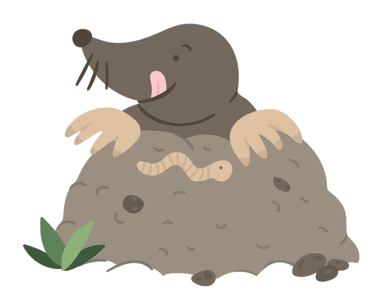 little brown cartoon mole, popping up out of dirt mound licking its lips looking at a yummy worm treat