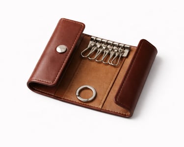 Leather key holder with metal hooks and secure snap closure