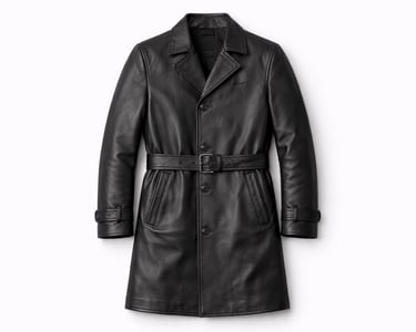 Long black leather coat with belt detail for formal and winter wear