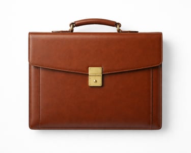 Structured leather document case with handle for professional meetings and office travel.