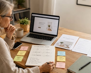 Donna che lavora da casa al computer mentre organizza un ecosistema digitale per un business online 