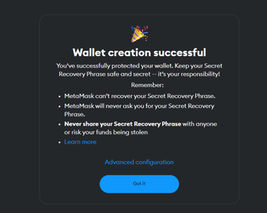 Metamask Wallet Creation sccessfull