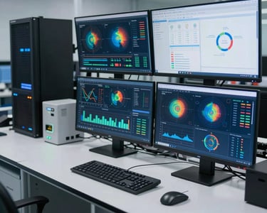 Abstract depiction of data analytics with charts and connecting dots in cool indigo and purple tones.