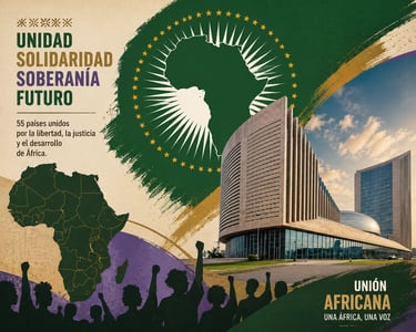 African Union poster featuring the AU headquarters building, map of Africa, and silhouettes of people for unity.