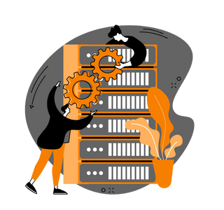 a man working on a computer with a gearwheel