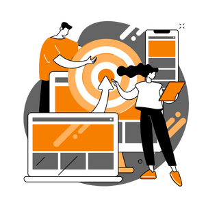 a woman standing in front of a laptop computer