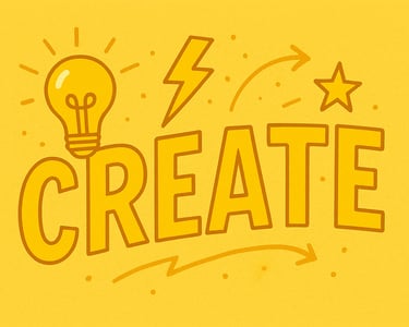 A yellow box contains the word create, with a lightbulb and lightening strike