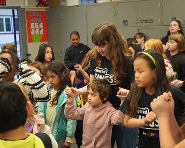 Elementary students and teacher participating in a classroom dance activity for physical education.