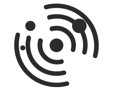 Minimalist black solar system icon showing planets orbiting a central sun with circular paths.