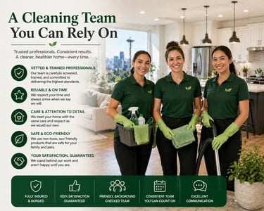 Professional house cleaning team in green uniforms offering eco-friendly residential maid services.